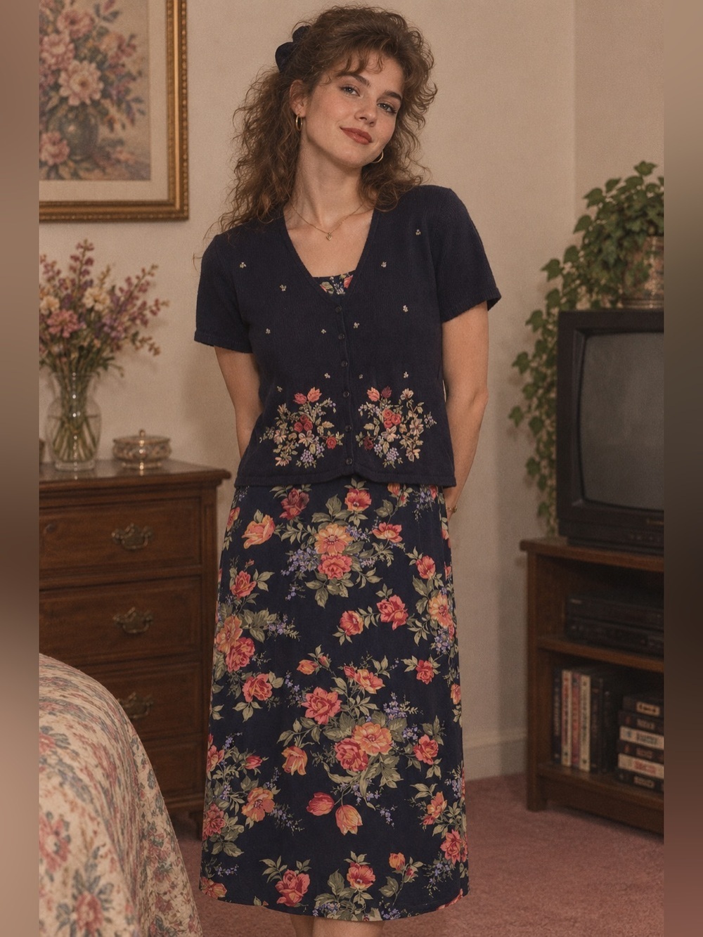 Vintage R&K Originals Floral Navy Midi Dress with Short Cardigan Size 8P